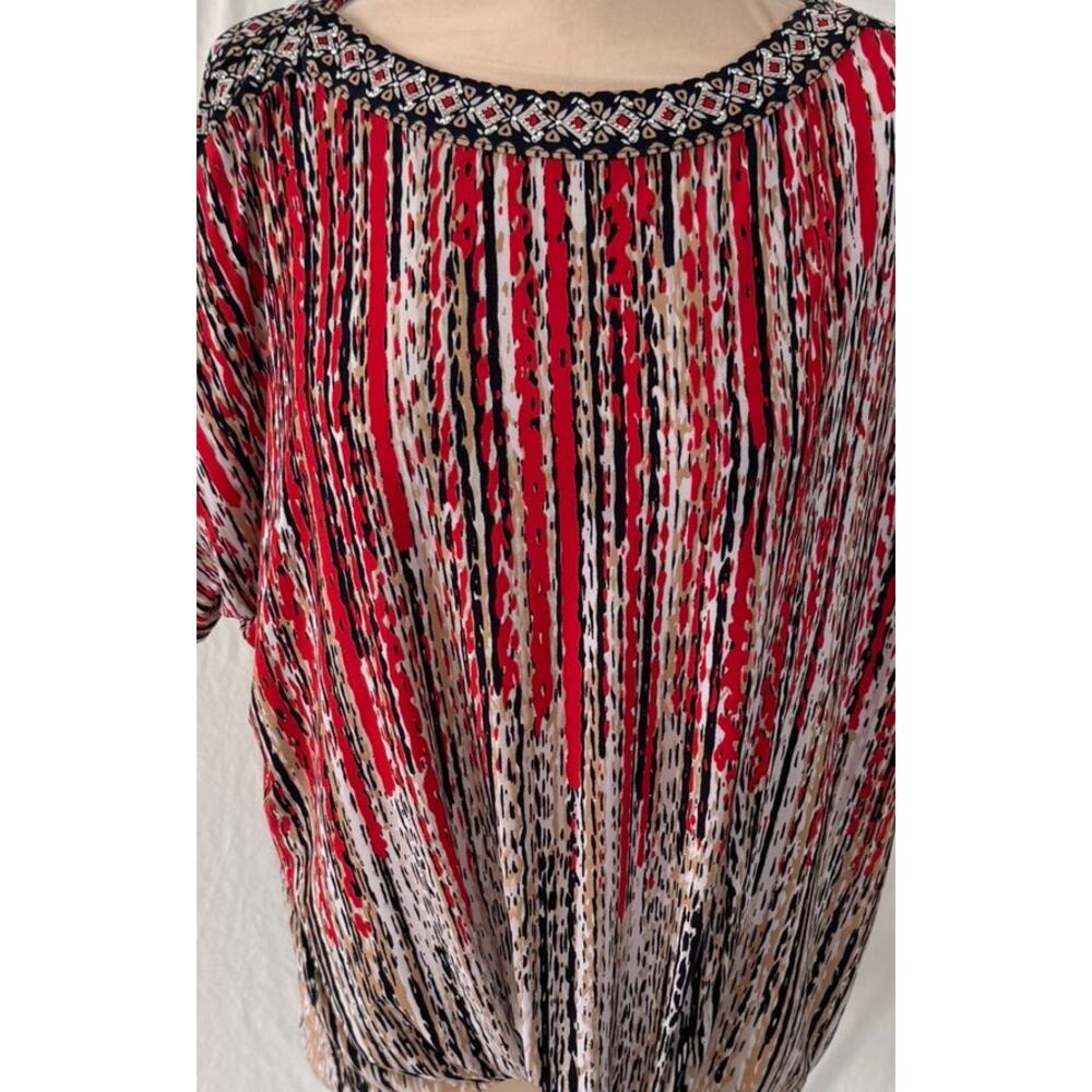 JM Collection Womens Large Bloue Tie Waist Short Sleeve Red Black Cream - Picture 2 of 8